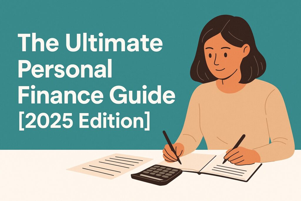 Illustration of a woman budgeting with a calculator and notebook next to the text 'The Ultimate Personal Finance Guide 2025 Edition'.