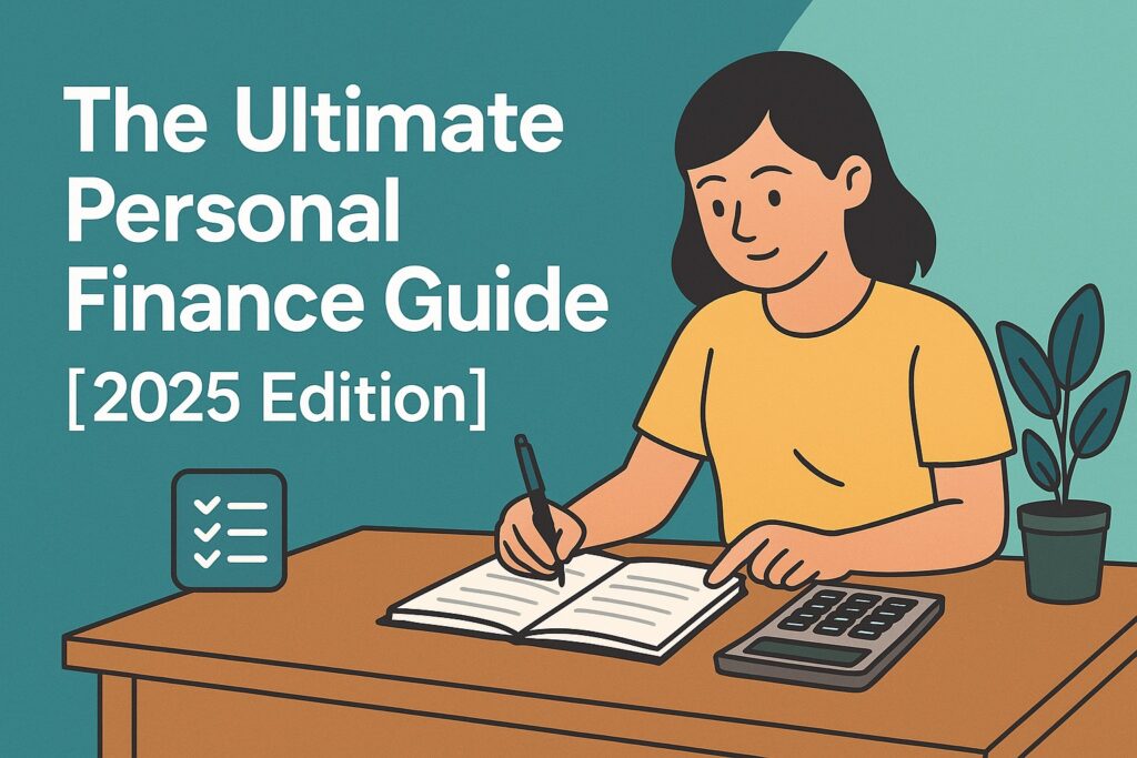 A flat-style digital illustration showing a young woman writing in a notebook and using a calculator at a desk. The left side of the image features large white text reading 'The Ultimate Personal Finance Guide [2025 Edition]' on a teal background. The design visually represents financial planning for a modern personal finance blog.